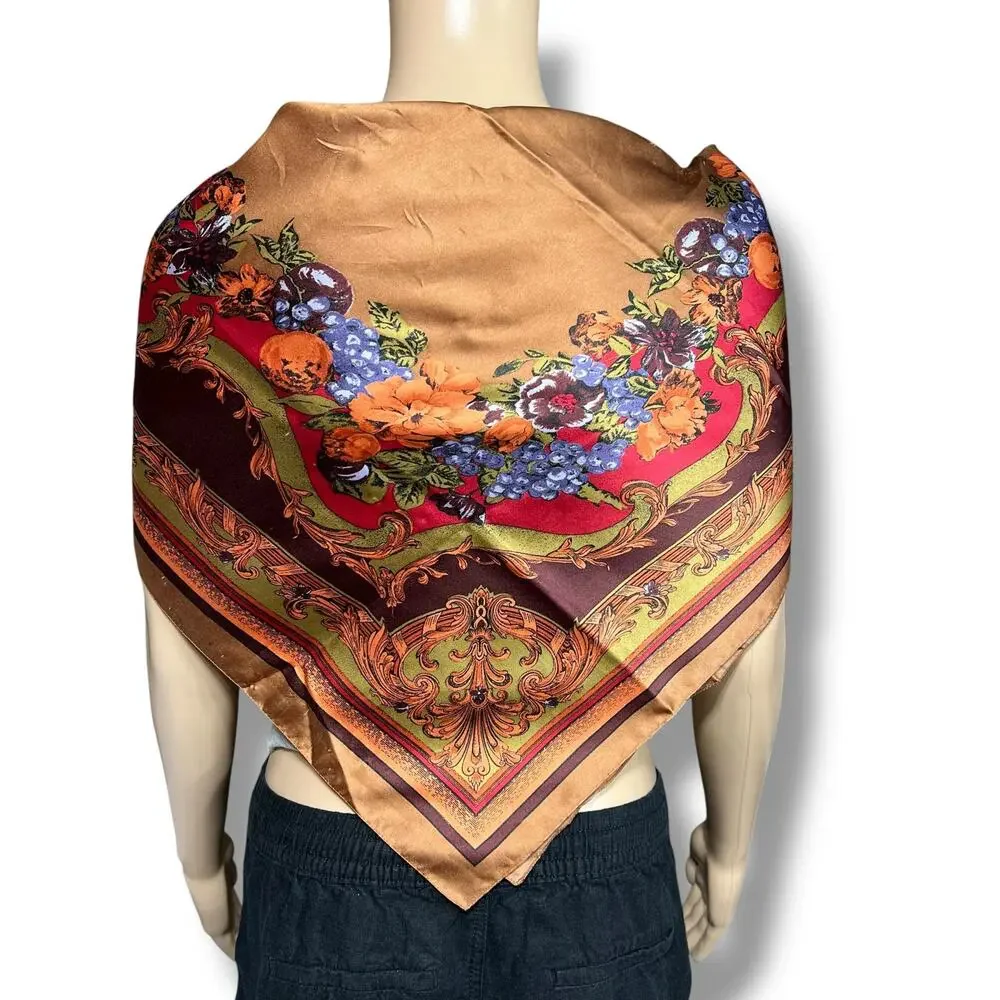 Vintage Womens Scarf Brown Blue Red Orange Floral Print Made in Italy 13962